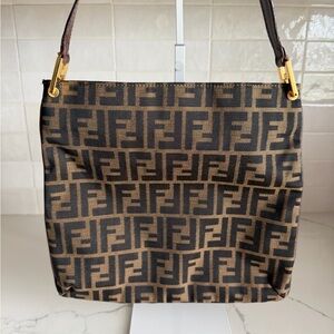 Fendi Monogram Canvas Shoulder Bag in Brown Black with Gold Hardware COA